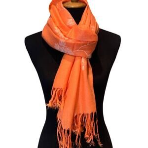 New Embroidered Orange Floral Fringed Lightweight Pashmina Shawl Wrap Scarf